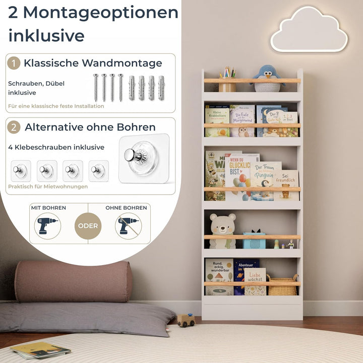 Bücherregal Kinder mit 5 Ablagen, Montessori Kinderbücherregal zur Wandmontage, Wandregal für Bücher