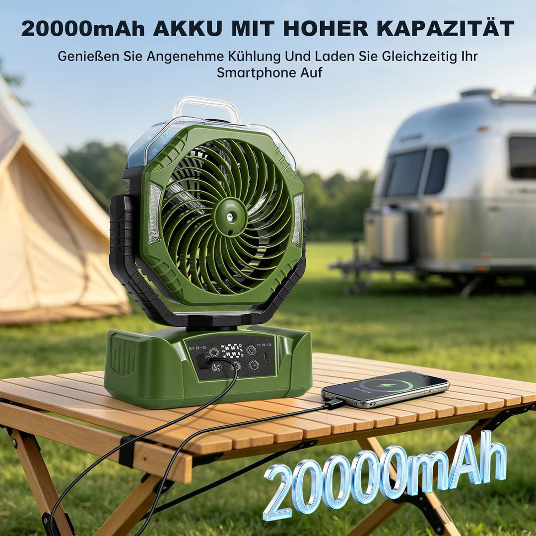 JONRRYIN Camping Ventilator, 20000mAh Akku Ventilator mit Sprühfunktion &amp; USB, Tischventilator mit 3