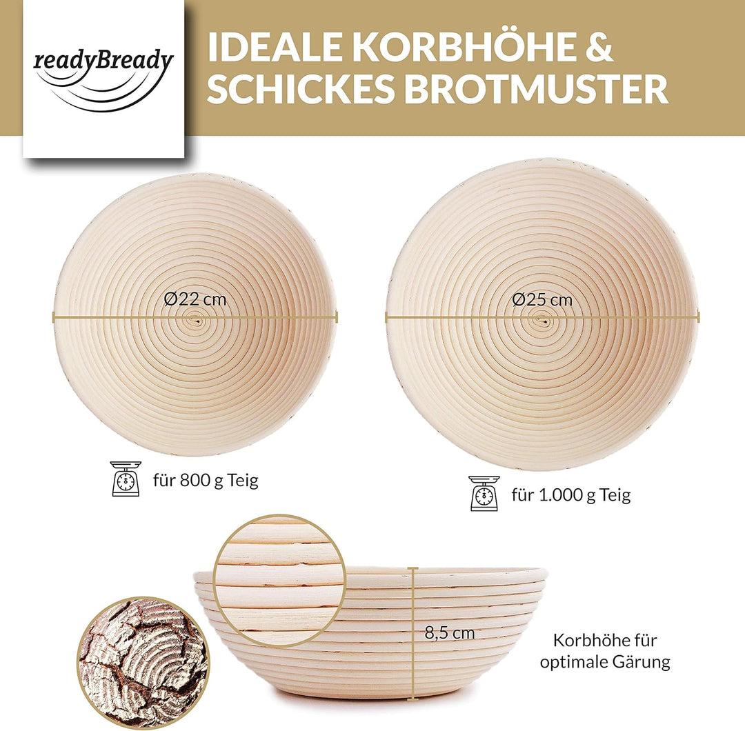 readyBready Gärkörbchen (rund, 22cm & 25cm) - hochwertiges Gärkorb Set zum Brotbacken inkl. Leinentü