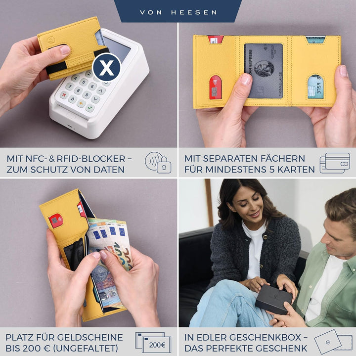 VON HEESEN Slim Wallet mit Münzfach &amp; RFID-Schutz - Leder Geldbeutel - Mini Geldbörse für Herren und