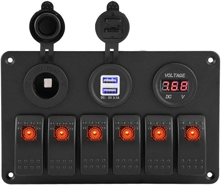 Schalttafel, 12V 24V 6 Gang Auto Boot Marine LED Wippschalter Panel Dual USB Voltmeter Zigarettenanz