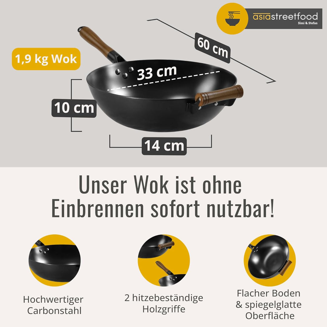 Der perfekte Wok, Ø 33cm – Robuster Carbonstahl-Wok mit flachem Boden - Holzgriff – Geeignet für Gas