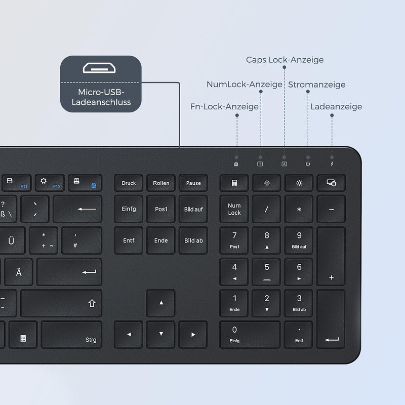 Tastatur Maus Set Kabellos, seenda Ultra-Dünne Wiederaufladbare Funk Tastatur Maus Set, Ergonomische