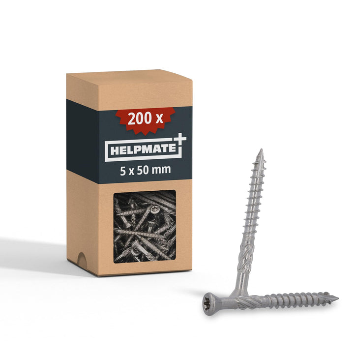 HELPMATE – Terrassenschrauben 5x50 Edelstahl A2 Rostfrei – 200 Stück Dielenschrauben + 1 T25 Bit – T