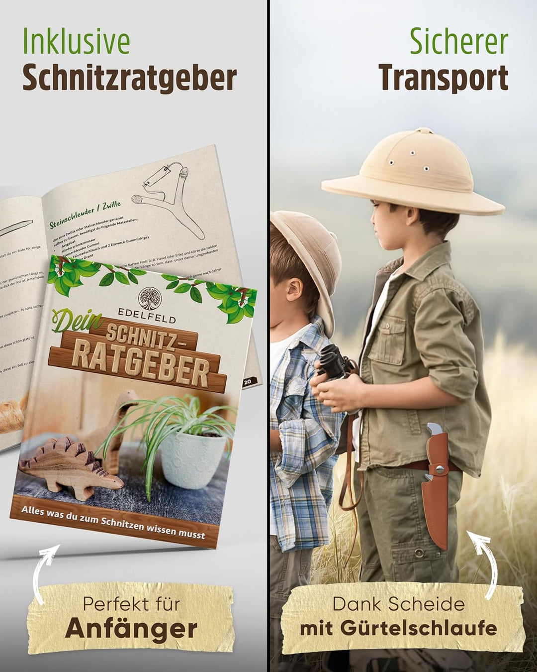 EDELFELD - Das Original - Schnitzmesser Kinder ab 6 Jahre - Sicheres Taschenmesser Kinder mit Finger