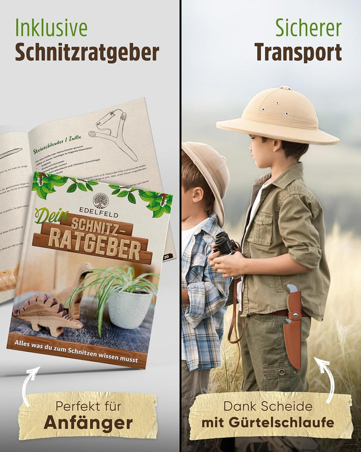 EDELFELD - Das Original - Schnitzmesser Kinder ab 6 Jahre - Sicheres Taschenmesser Kinder mit Finger
