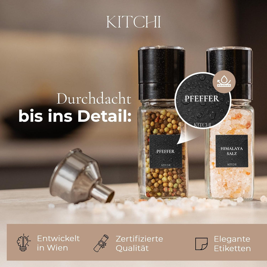KITCHI Gewürzgläser 24er Set mit 2 Mühlen – schwarze Deckel Schwarz + 2 Mühlen, Schwarz + 2 Mühlen
