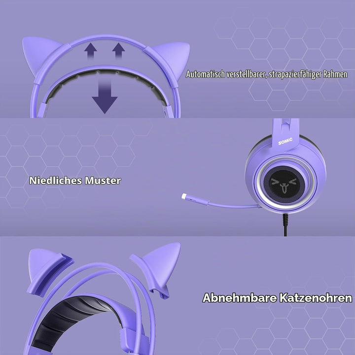 SOMiC G951S Violett Gaming Headset mit Mikrofon, Mädchen, Frauen Abnehmbarer Cat-Ear-Kopfhörer mit L
