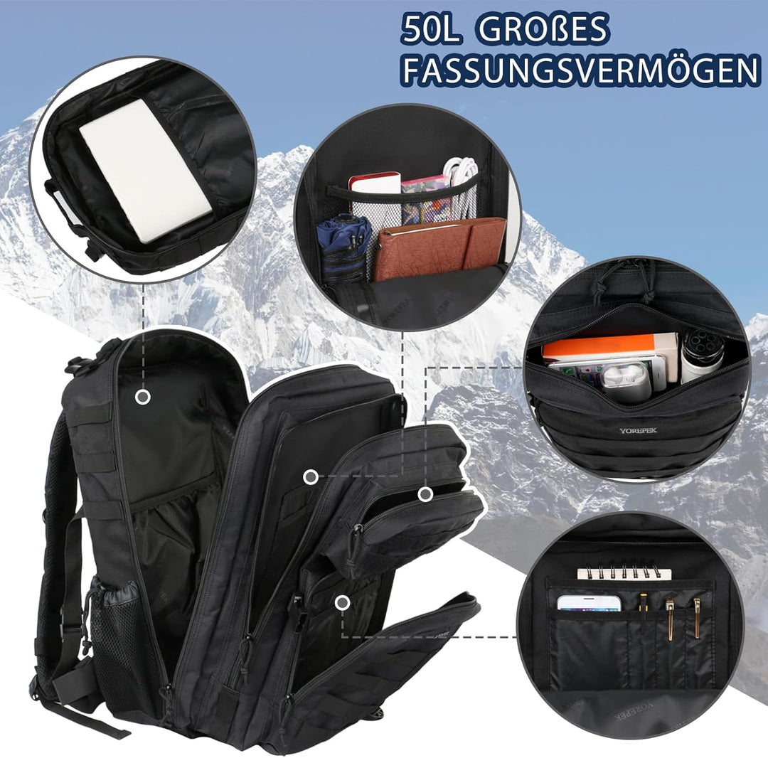 YOREPEK 50L Militär Rucksack Herren, Grosser Taktischer Rucksack Wasserdicht Wanderrucksack Herren O