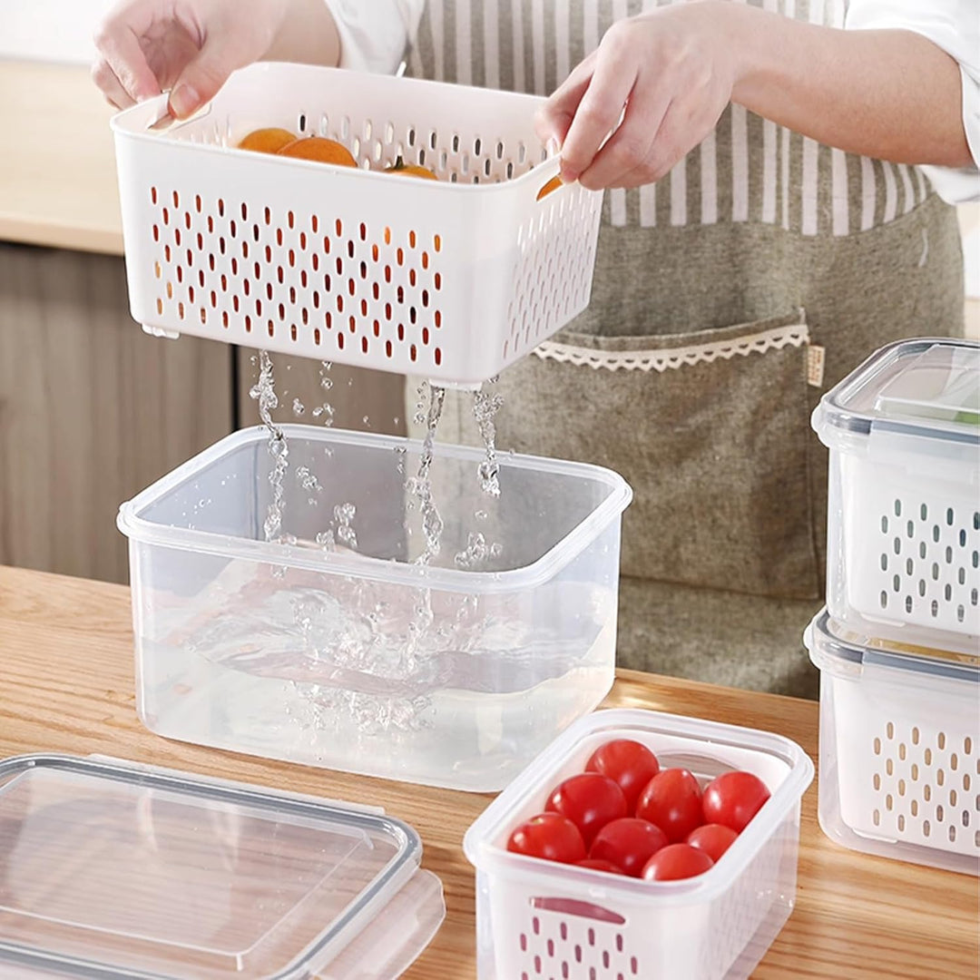 Kühlschrank Organizer 4er Set – Frischhaltedosen mit Deckel & Siebeinsatz (380+800+1700+3150ml) – St
