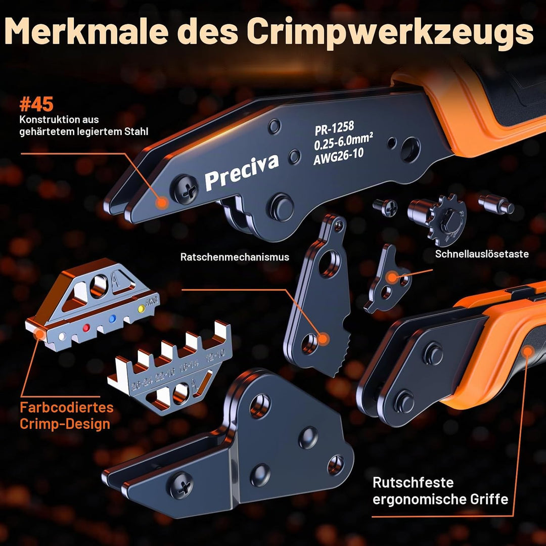 Preciva Crimpzange mit 180 Wärmeschrumpf-Schrumpfverbindern (0,25-6mm²), Quetschverbinder-Crimpzange