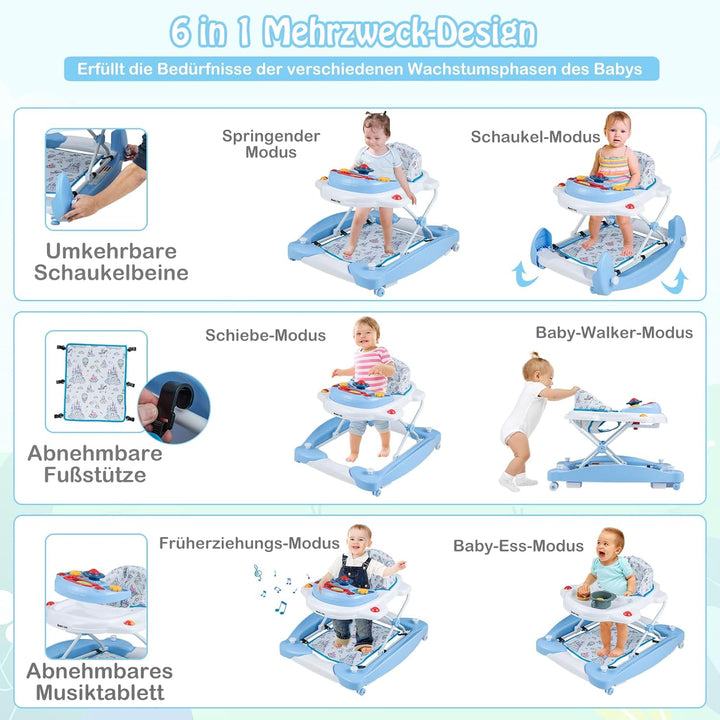DREAMADE 6-in-1 Lauflernhilfe, Höhenverstellbar Baby Walker mit Musik & Abnehmbarem Sitz, Lauflernwa