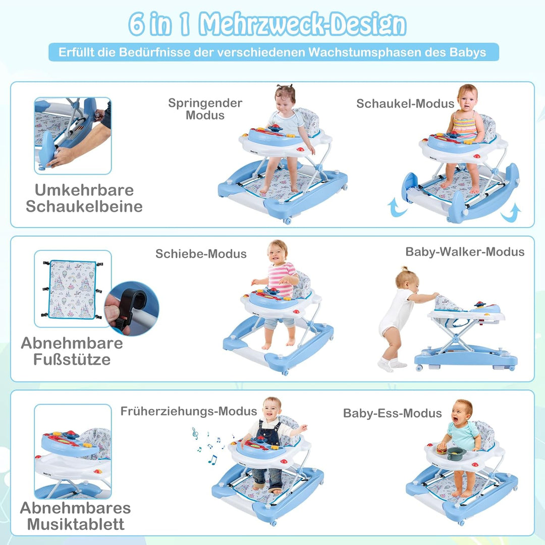 GOPLUS 6 in 1 Lauflernwagen, Lauflernhilfe faltbar mit Rädern, Baby Walker mit Fusskissen, Lichtern,