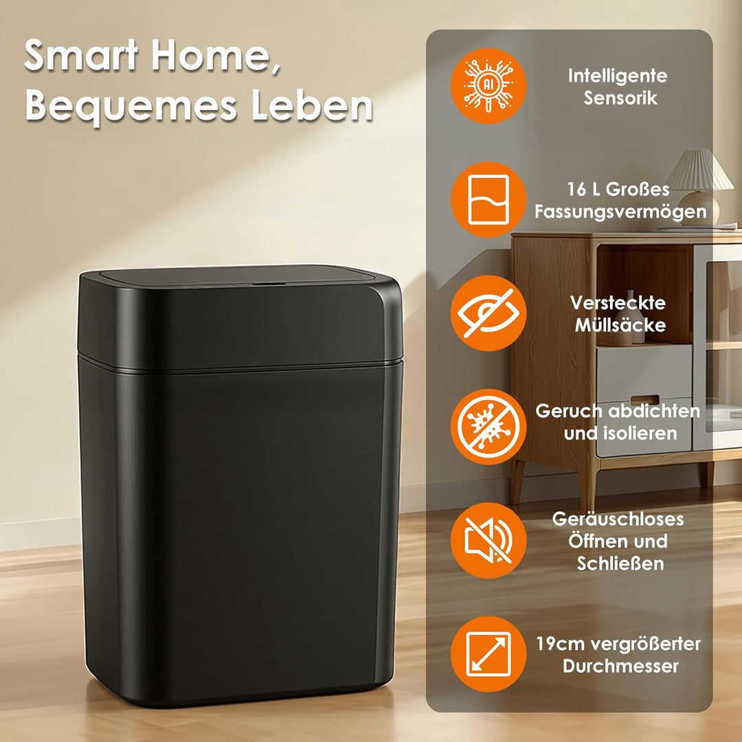 16L Mülleimer mit Sensor, Automatik Touchless Mülleimer mit Hand und Knie Sensor, Schnelle Reaktion,