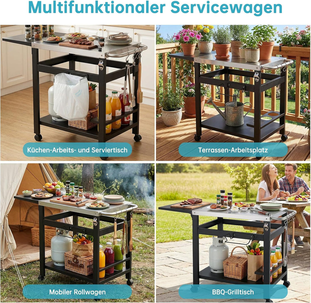 LIFERUN Grillwagen mit Klappbarem Beistelltisch, Robuster Grilltisch mit Edelstahl Tischplatte, 2-Eb