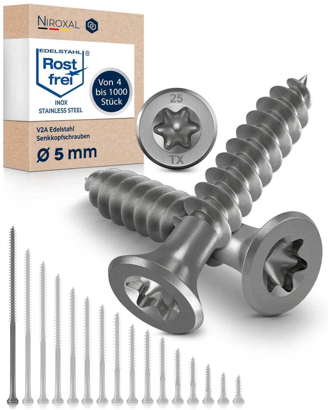 Edelstahlschrauben Torx Holzschrauben 5x120 Edelstahl V2A rostfrei Spanplattenschrauben für Holz Tei
