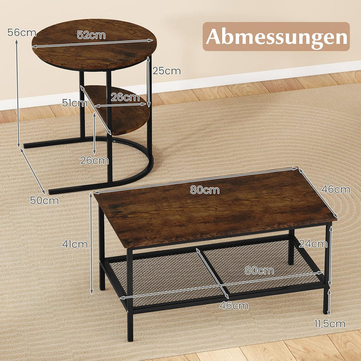 COSTWAY 2er Set Couchtisch, Beistelltisch Marmor Optik mit Metallrahmen & Ablage, Kaffeetisch Wohnzi
