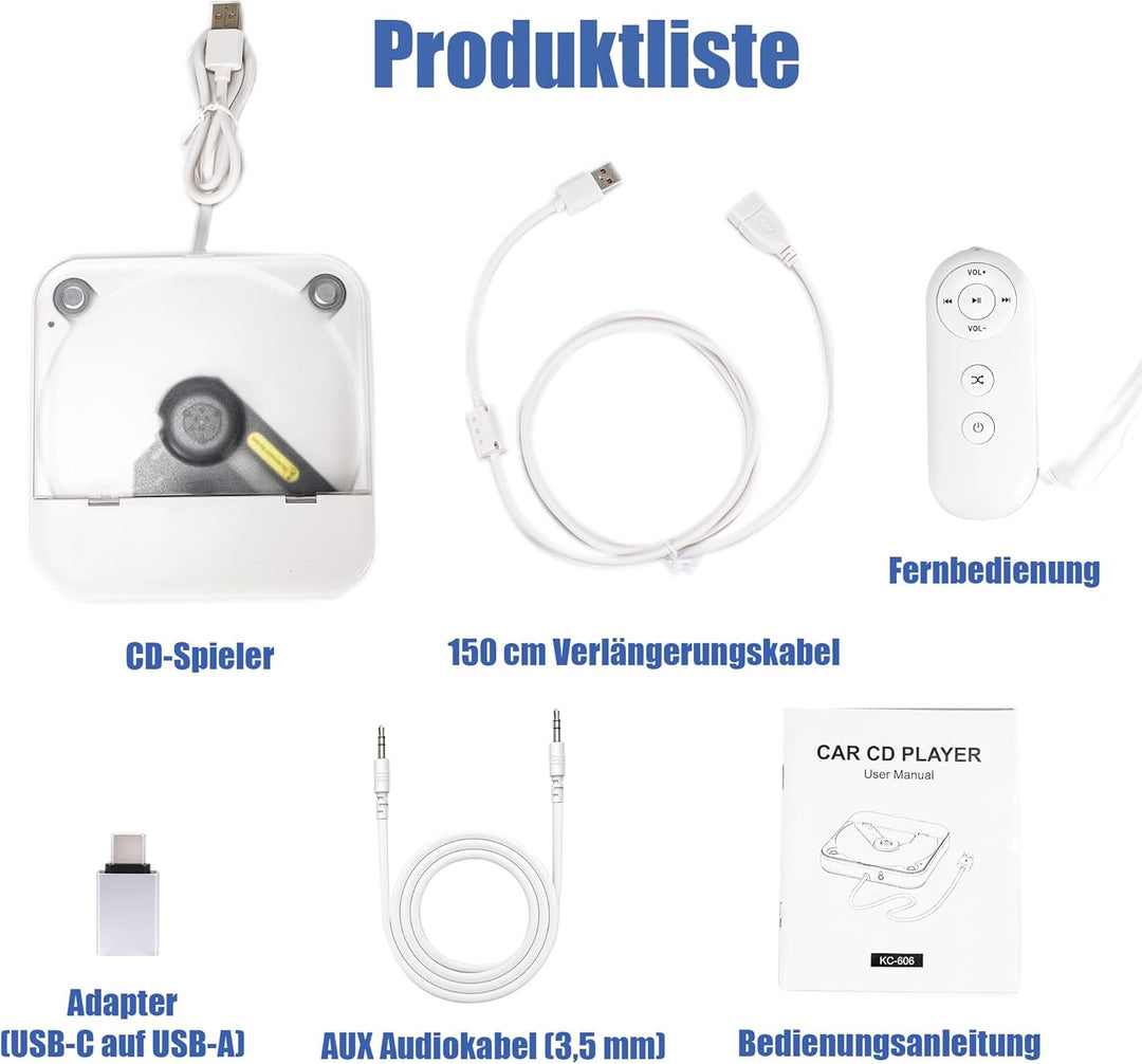 CD Player für Auto mit Silikon Anti-Schock CD Player Auto mit USB-Verlängerungskabel Auto CD Player