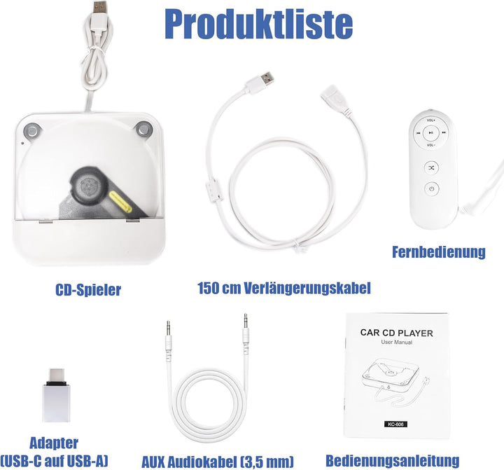 CD Player für Auto mit Silikon Anti-Schock CD Player Auto mit USB-Verlängerungskabel Auto CD Player