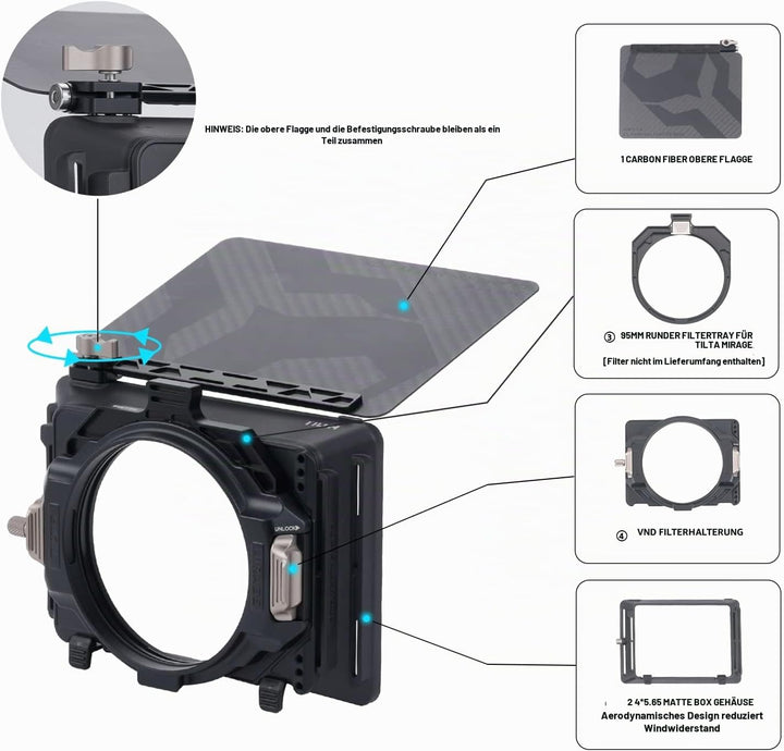 Tilta Mattbox Mirage Matte Box für DSLR und Spiegellose Kameras, mit 95mm Filterrahmen 4 Objektivada