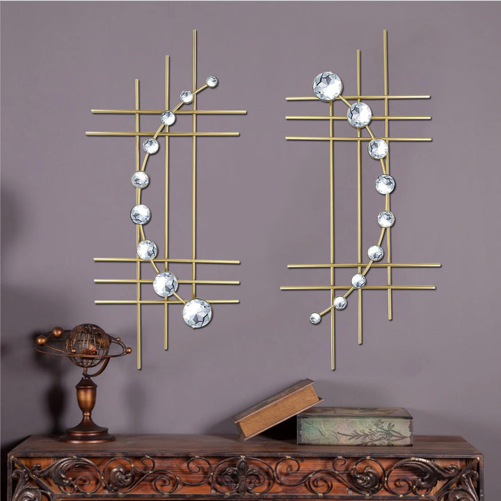 ZEXUIRU 2 Set Bling Metall Wandkunst Jeweled Kristall Hängen Wand Dekor Strass Diamant Iren Abstrakt