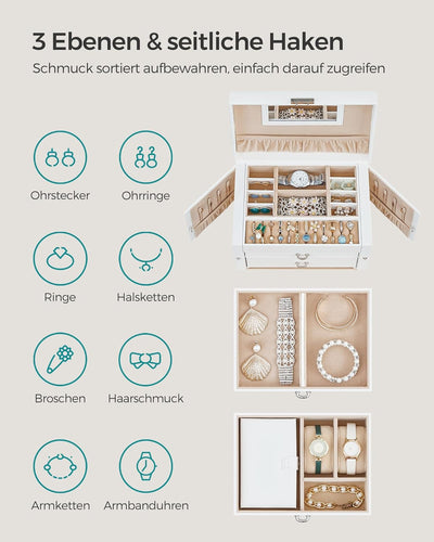 SONGMICS Schmuckkasten, Schmuckkästchen mit 2 Schubladen, abschliessbarer Schmuck-Organizer mit Spie