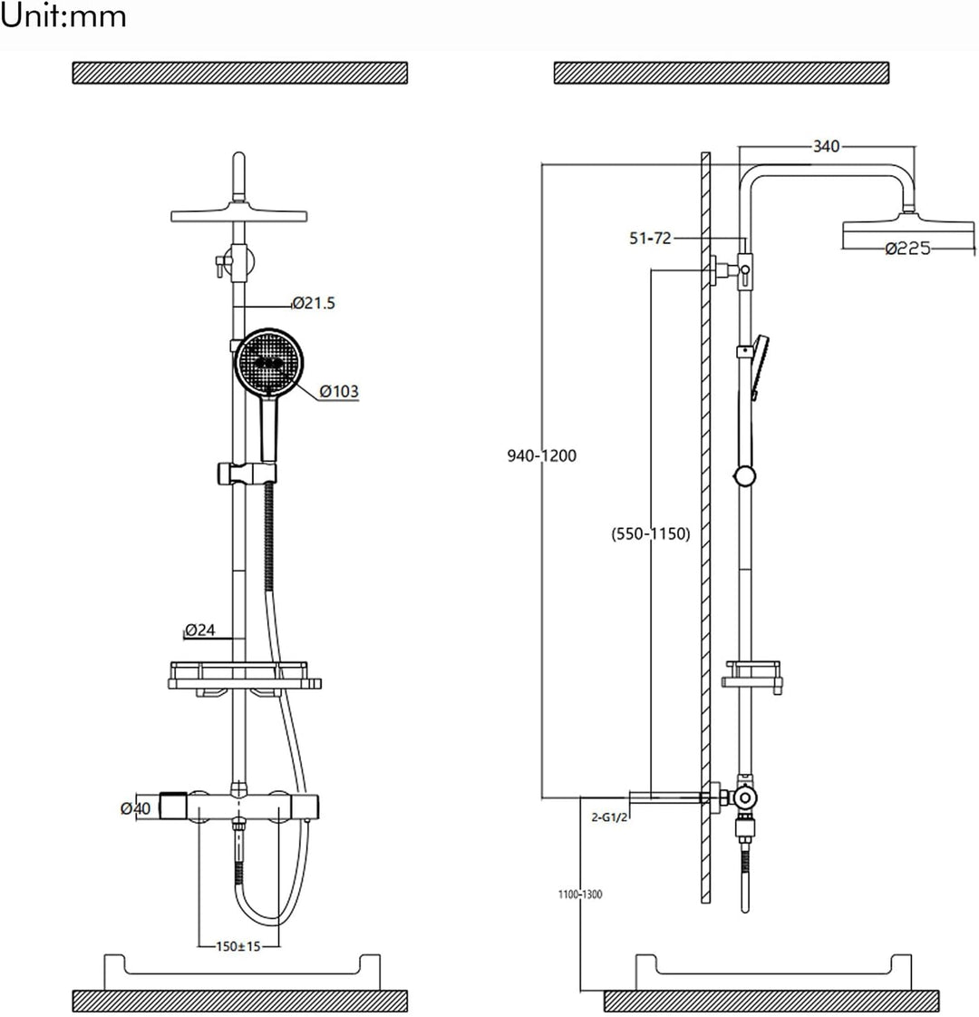 HOMELODY Duschsystem mit Thermostat und Duschablage - Duscharmatur Komplettset schwarz mit Rund Rege