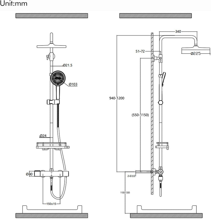 HOMELODY Duschsystem mit Thermostat und Duschablage - Duscharmatur Komplettset schwarz mit Rund Rege