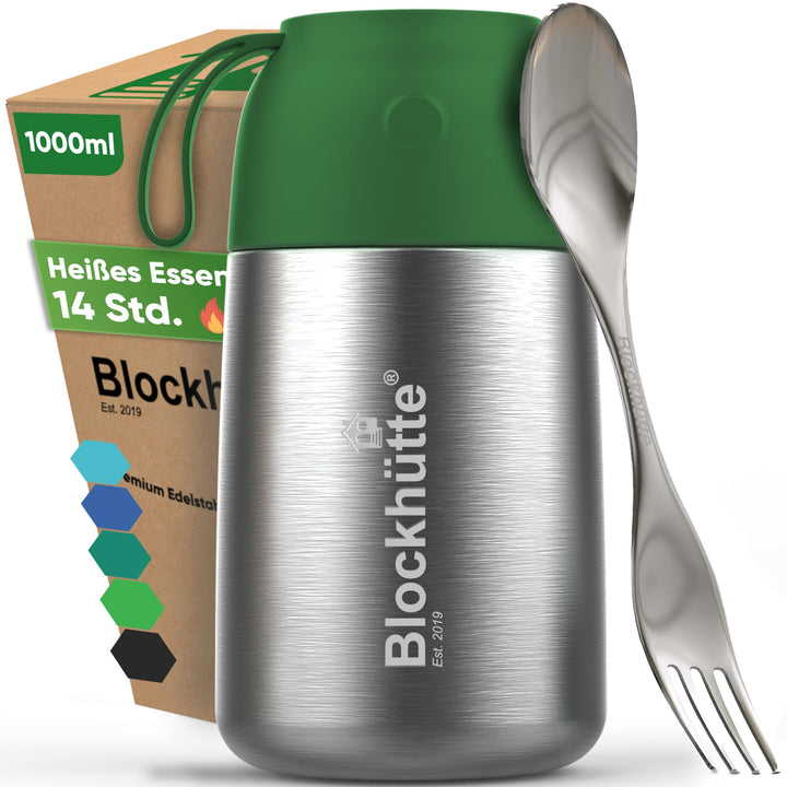 Blockhütte Edelstahl Thermobehälter I 1L l Essen warmhalten Behälter, auslaufsicher I Thermos Essens