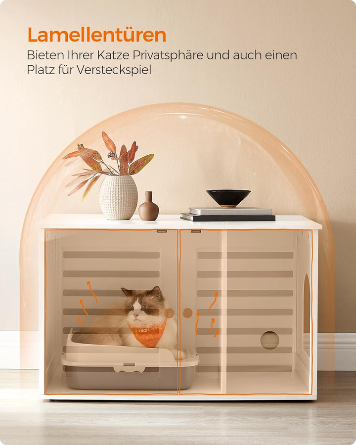 Feandrea Katzenklo-Schrank, Katzenhaus mit herausnehmbarer Trennwand, 2 Lamellentüren, Katzentoilett