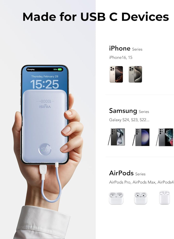 VIYISI Powerbank 10000mAh, Ultrakompaktes Akkupack mit integriertem USB-C Kabel & LED-Anzeige, Exter