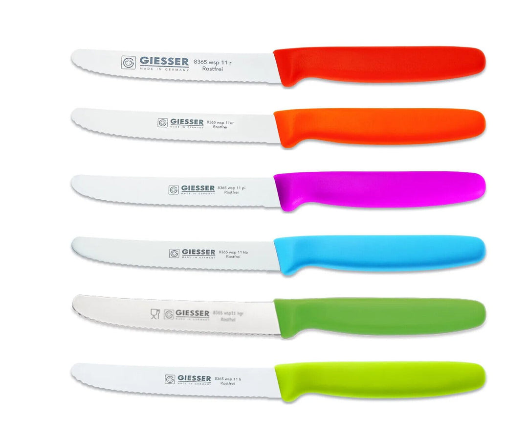 6er Set bunt Tomatenmesser Brötchenmesser Allzweckmesser 11cm Wellenschliff 3mm - rot orange pink he