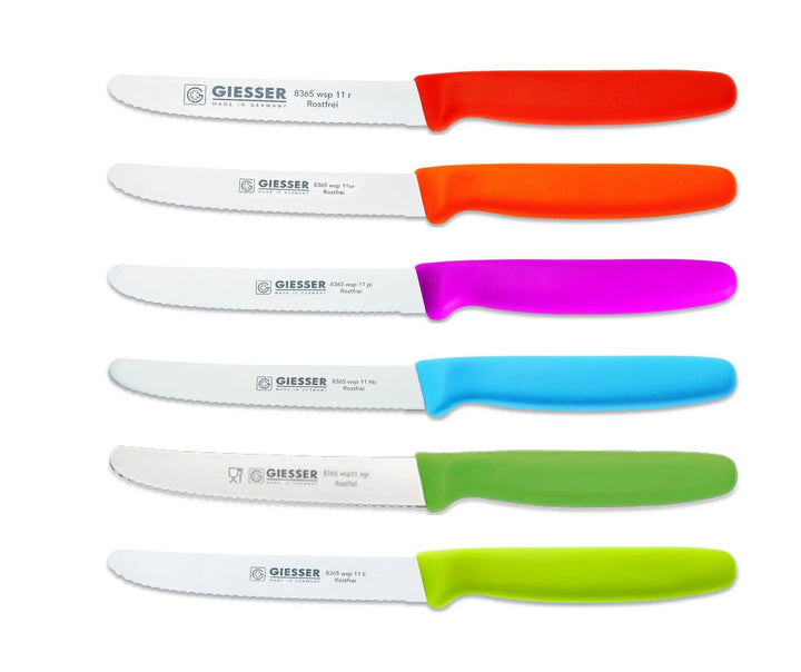 6er Set bunt Tomatenmesser Brötchenmesser Allzweckmesser 11cm Wellenschliff 3mm - rot orange pink he