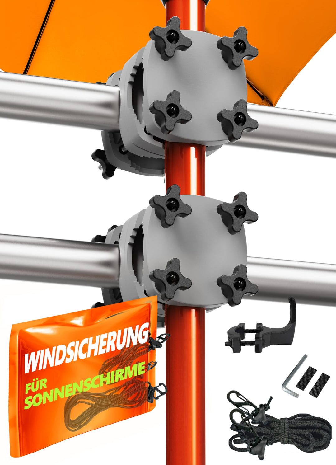 4smile 2 x Sonnenschirmhalter Balkongeländer SunnyGuy, Anthrazit + Windsicherung für Sonnenschirme -