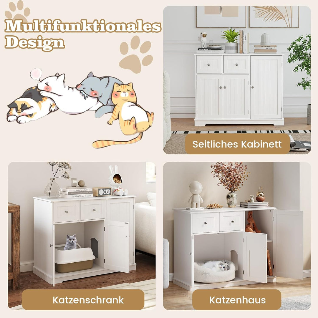 COSTWAY Katzenschrank für Katzentoilette, Katzenklo Schrank mit 2 Schubladen, 3 Türen & Eingang, Kat