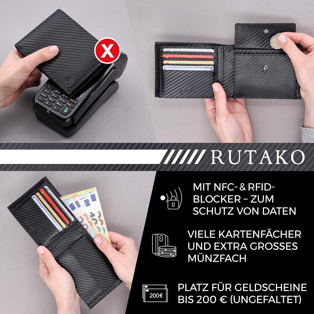 RUTAKO® Leder Geldbörse Herren mit RFID Schutz I Portemonnaie Gross mit Münzfach I 12 Fächer I Echtl
