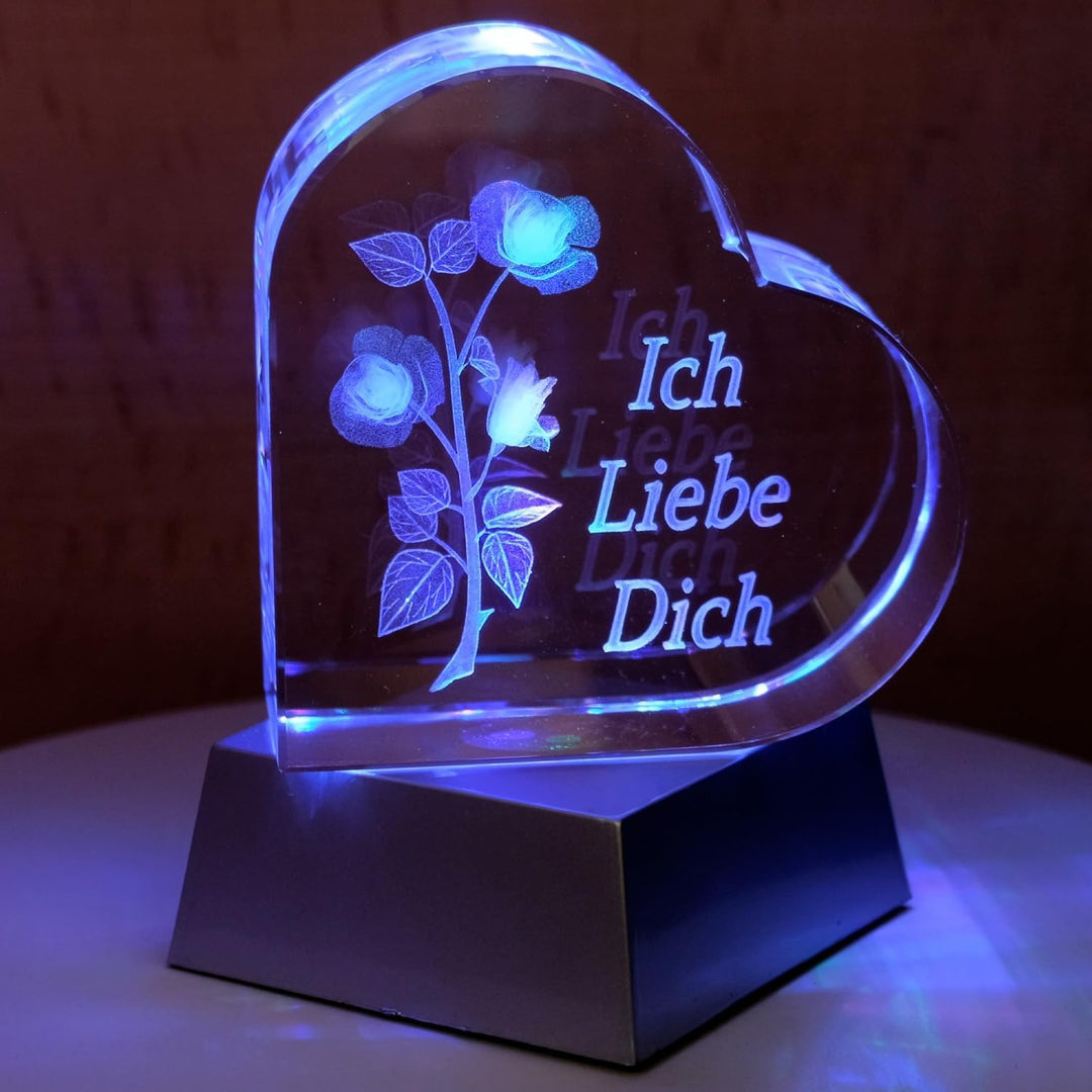 Kaltner Präsente Geschenkidee – Herz aus Glas: Kristallglas mit 3D-Laser-Gravur Rose - Ich Liebe Dic