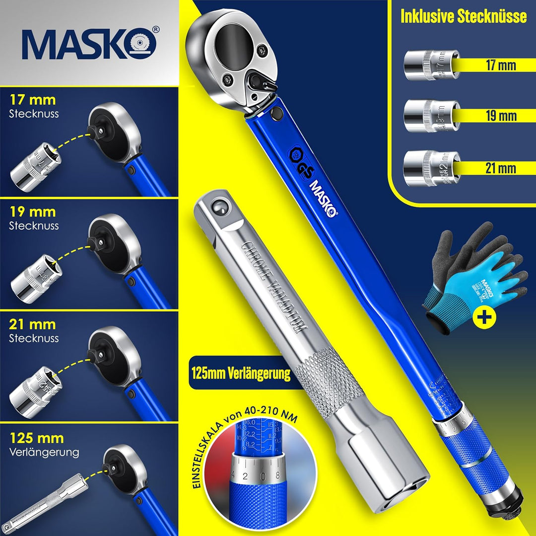 MASKO® Drehmomentschlüssel 6tlg. Set 40-210Nm 1/2 ' CV inkl. 3 Stecknüsse 17mm 19mm 21mm & Verlänger