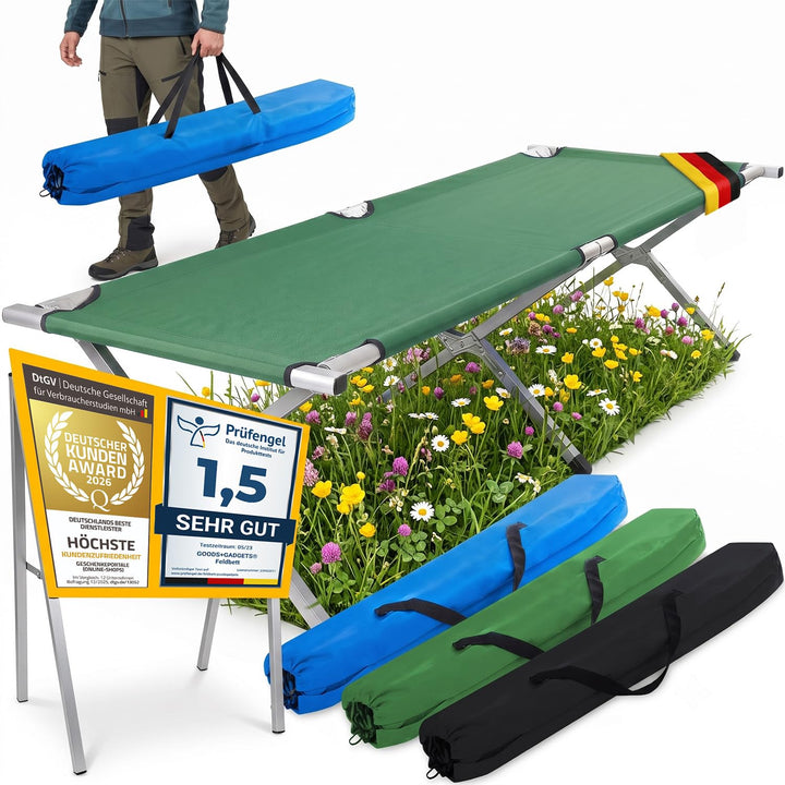 GOODS+GADGETS Faltbares Army Feldbett aus Aluminium - klappbares Campingbett &amp; Gästebett Grün, Grün