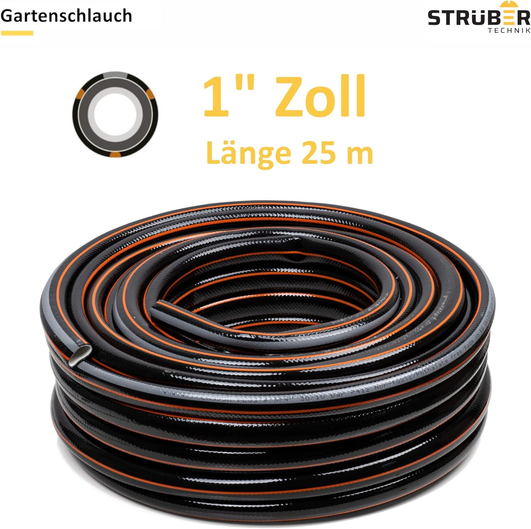 STRÜBER Gartenschlauch 4-lagig (1" Zoll – 25 m Länge) CARBON Bewässerungsschlauch mit Kreuzgewebe UV