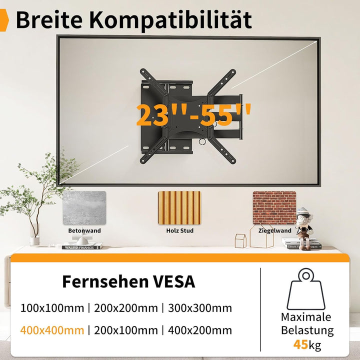 TV Wandhalter, Full Motion TV Halterung für 23-55 Zoll Flachfernseher bis 45 Kg, Wandhalter TV Halte