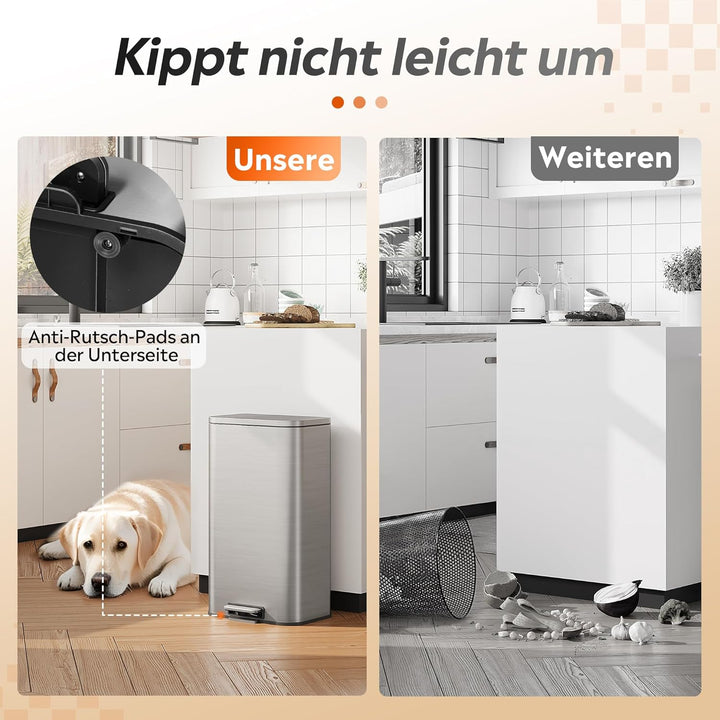 WLIVE Mülleimer 30L quadratisch aus Edelstahl, kleiner Treteimer, Abfallsammler, geruchsdichter Abfa
