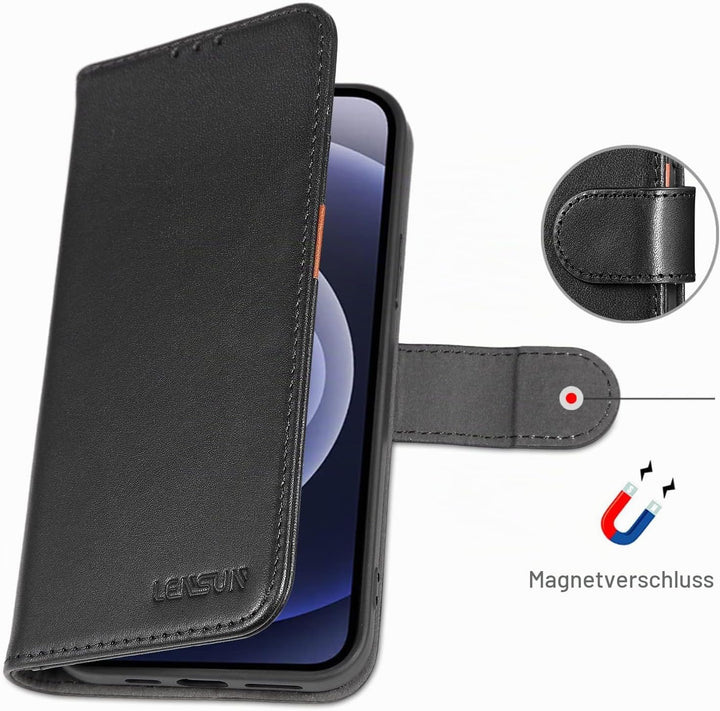 LENSUN Echtleder Hülle für iPhone 12, iPhone 12 Pro Handyhülle [Echtes Leder][Magnetverschluss][RFID