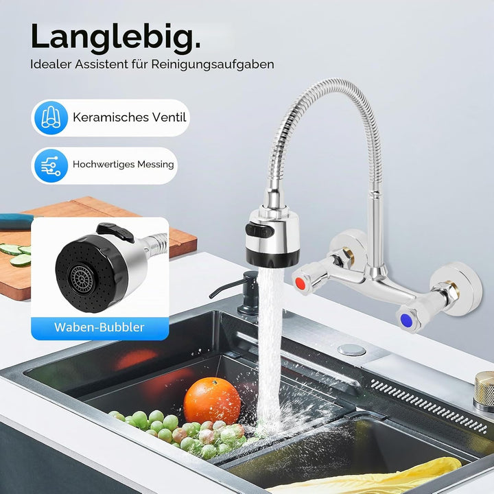 Küche Armatur Wasserhahn Wandmontage 360° Drehbar Mischbatterien Armatur Wandarmatur Spültischarmatu