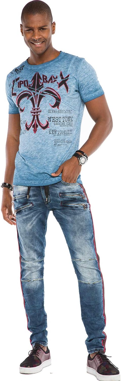 Cipo & Baxx Herren Ausgefallene Jeans Hose Fashion Used Design Pants gestreift mit Gummibund Blau W3