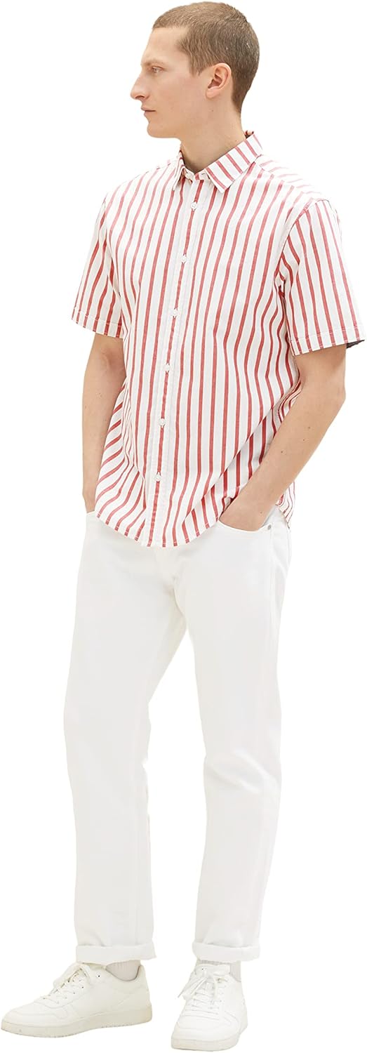 TOM TAILOR Herren Hemd mit Brusttasche M 31787 - Red Off White Stripe, M 31787 - Red Off White Strip