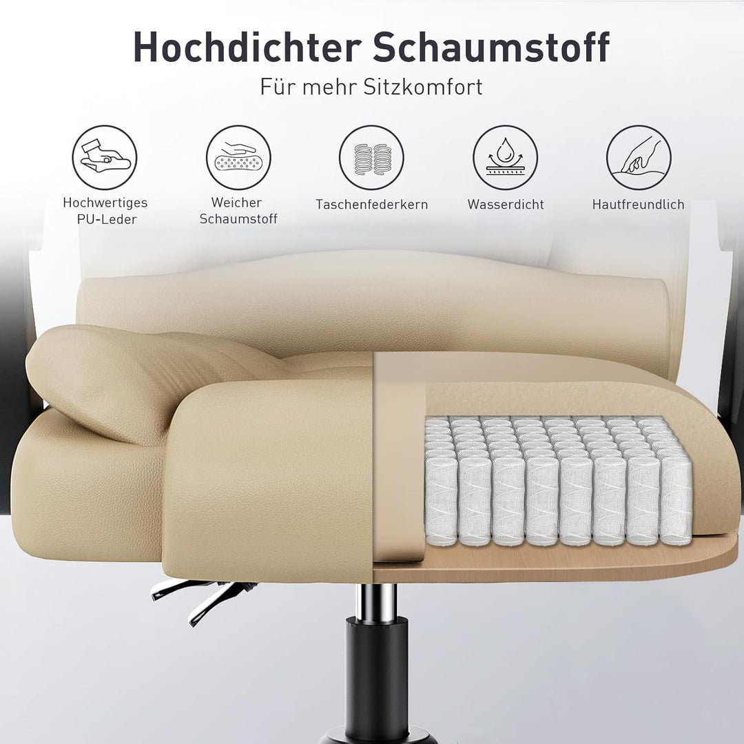 rattantree Bürostuhl Chefsessel Ergonomisch, PU-Leder Bürosessel Khaki Khaki Keine Pedale, Khaki Kei
