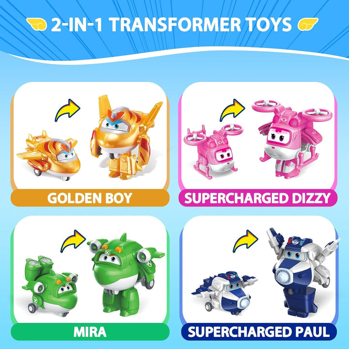 Super Wings Transform-a-Bots 4 Pack with S5 Paul Dizzy & Golden Boy & Mira, Rosa, Gelb, Blau, Grün S