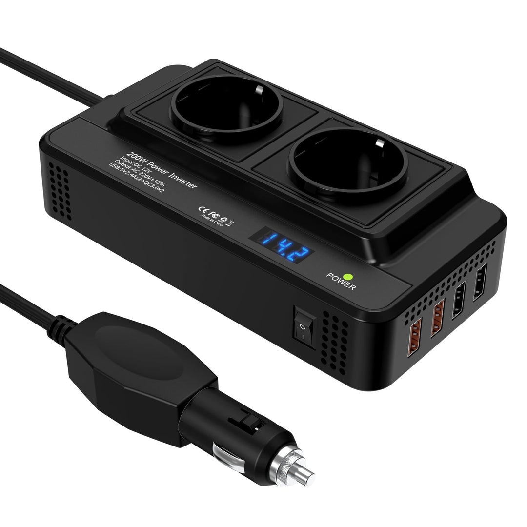 200W Auto Spannungswandler Wechselrichter DC 12V to AC 230V mit 2 Steckdosen und 4 USB Ports Schnell