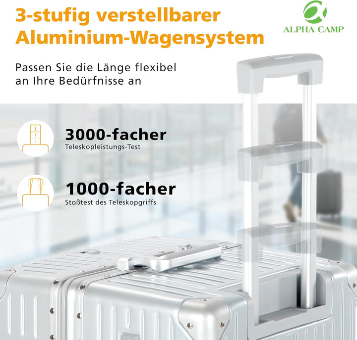 ALPHA CAMP Koffer XL Aluminium Rahmen & Polycarbonat Hartschale mit TSA Schloss Koffer Silber Gross